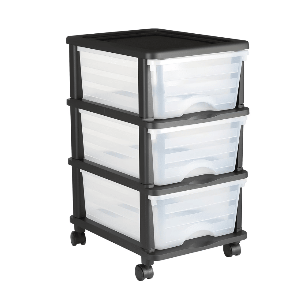 50L 3StorageDrawer Cart, Clear PlasticStorageDrawers with Wheels Sturdy Cart with 3 Bins for Office Supplies, Craft Rooms