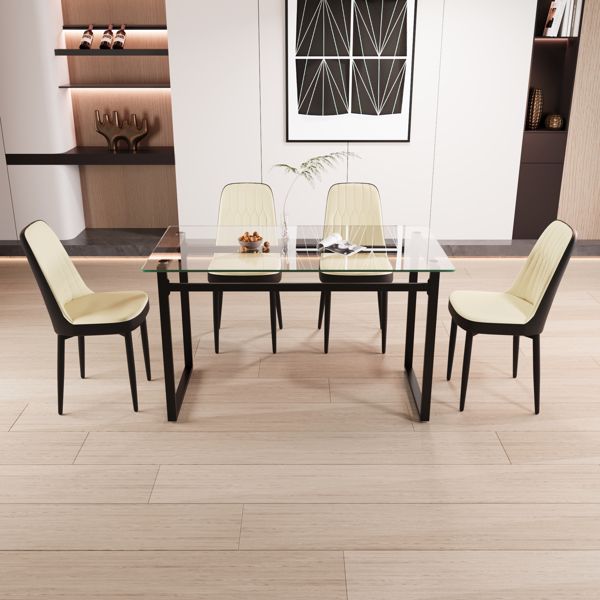 51" 4 person glass dining table set, kitchen set with black metal leg dining table and chairs, modern rectangular tempered glass tabletop and dining room thick cushioned PU dining chair
