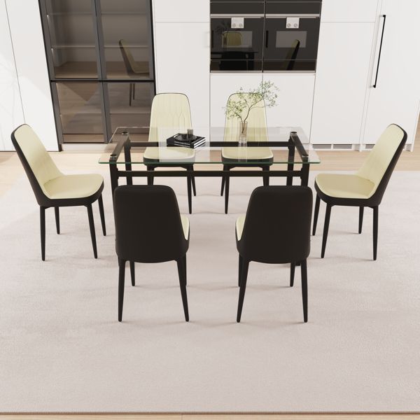 51" 6 person glass dining table set, kitchen set with black metal leg dining table and chairs, modern rectangular tempered glass tabletop and dining room thick cushioned PU dining chair