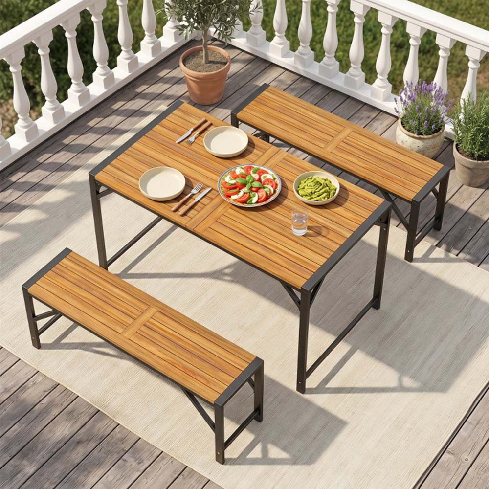 51" Acacia Wood Dining Table with Umbrella Hole & Metal Support for Garden