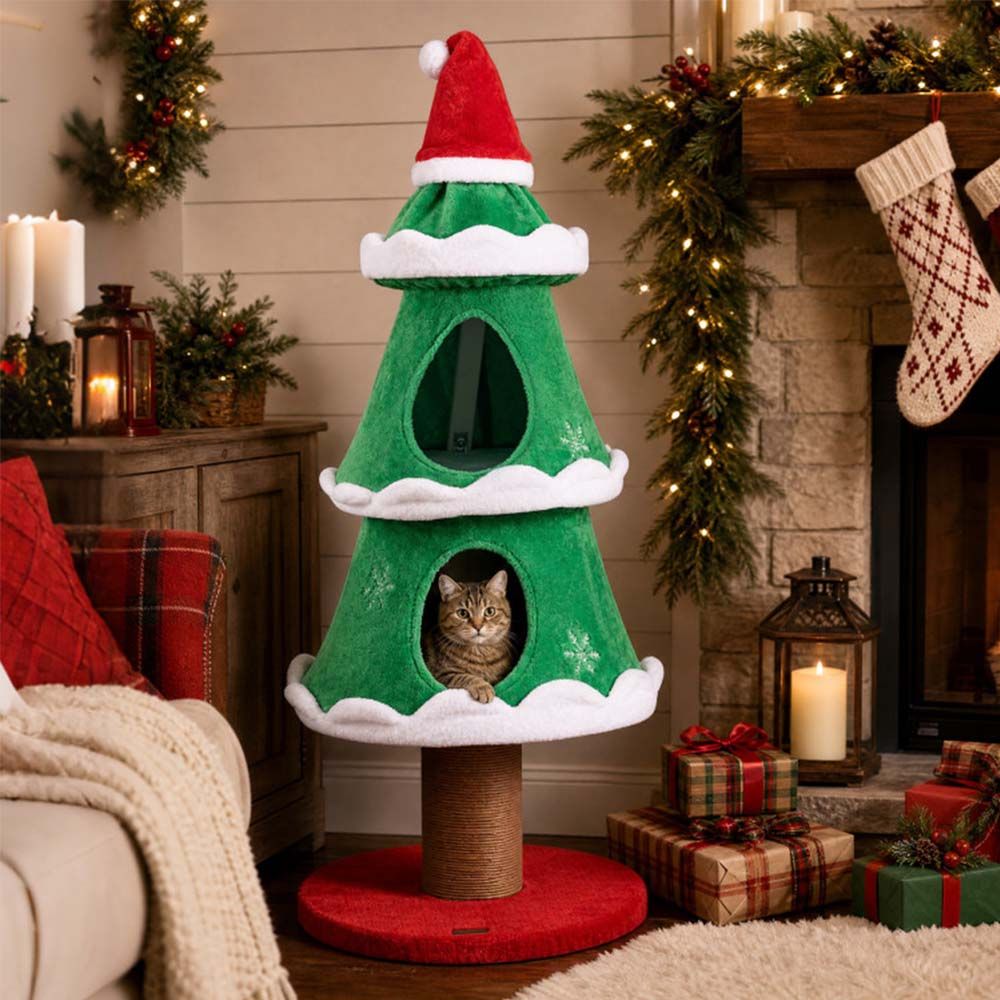 51" Christmas Cat Tree with 2 Cozy Condos and Scratching Post for Pets