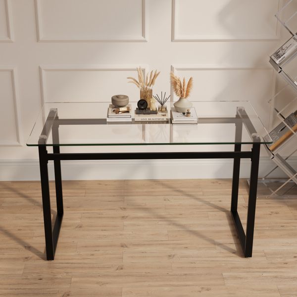 51" Modern Minimalist Rectangular Glass Dining Table for 4-6 with 0.31" Tempered Glass Tabletop and Black Chrome Metal Legs, Writing Table Desk, for Kitchen Dining Living Room (0 damage)
