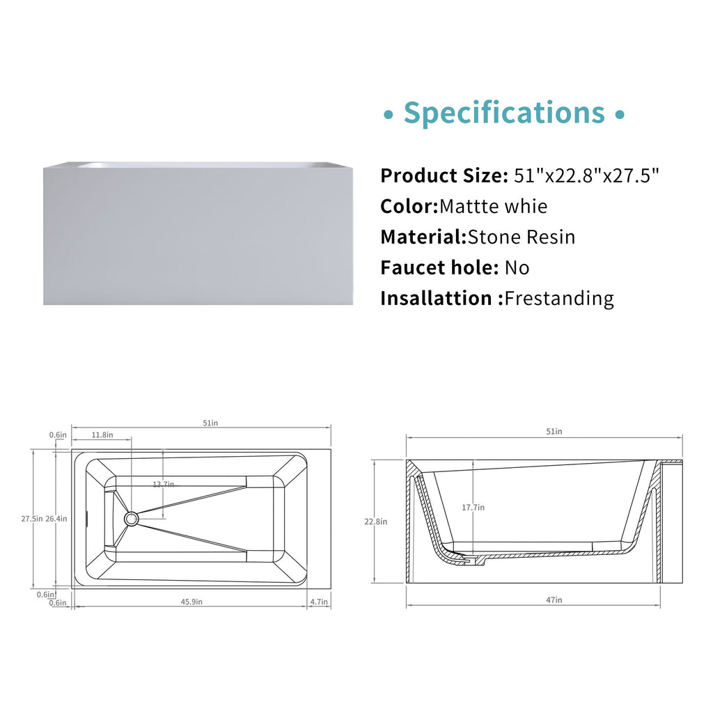 51'' Solid Surface Matte Tub, Freestanding Solid Surface Resin Stone Bathtub, Solid Surface Matte White Soaking Tub,Free Standing Tub with Overflow and Pop-up Drain, Matte White