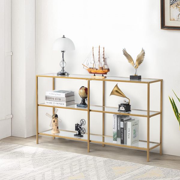 51.2' Console Table; Tempered Glass Sofa Table; Modern Entryway Table; Metal Frame; Easy to Assemble; for Living Room; Hallway; Gold Color