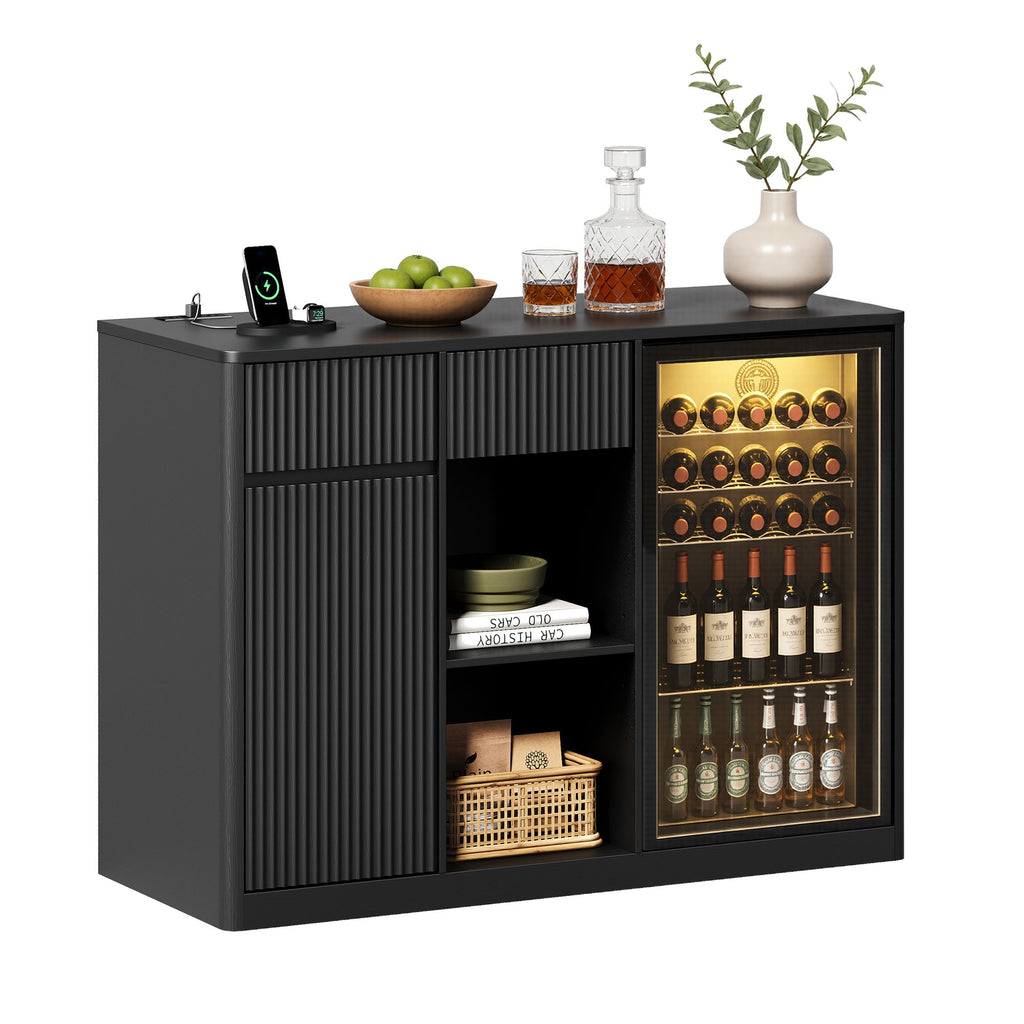 51.2" Modern Fluted Bar Cabinet with Fridge Compartment(Fridge Not Included, Adjustable Shelves & Built-in Power Outlets, Multipurpose Wine Storage Cabinet for Living & Dining Room, Black
