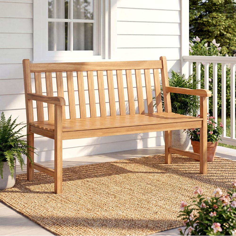 51/62inch Teak Outdoor Porch Bench 3-Seat Solid Wood Garden Patio Bench with Armrests