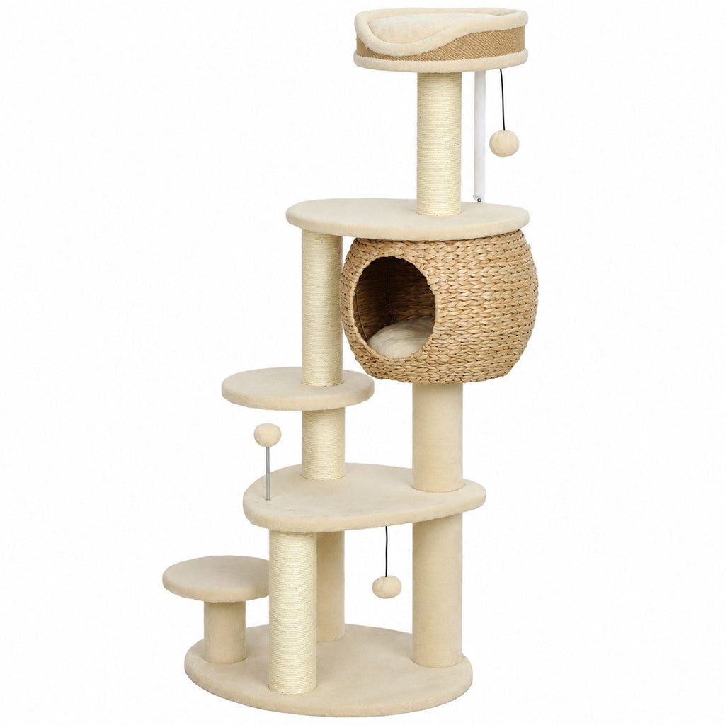 52" Cat Tree, Cat Tower with Handwoven Cattail Condo, Bed, Platforms, 3 Scratching Posts and 3 Toy Balls