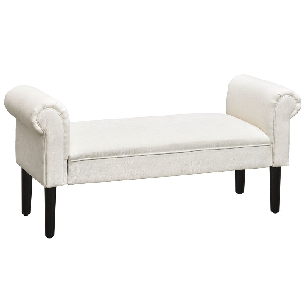 52" Linen Upholstered Ottoman Bench, with Armrests, Cream White, Elegant, for Seating