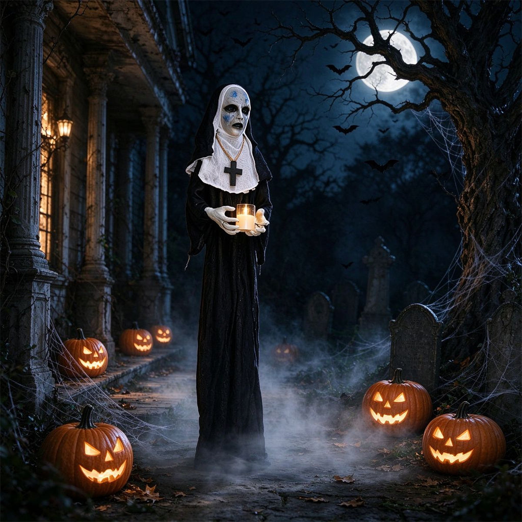 5.3 FT Life Size Halloween Animated Nun Prop with Flickering LED Candle, Freestanding Scary Sister Decoration for Yard Porch Haunted House Party