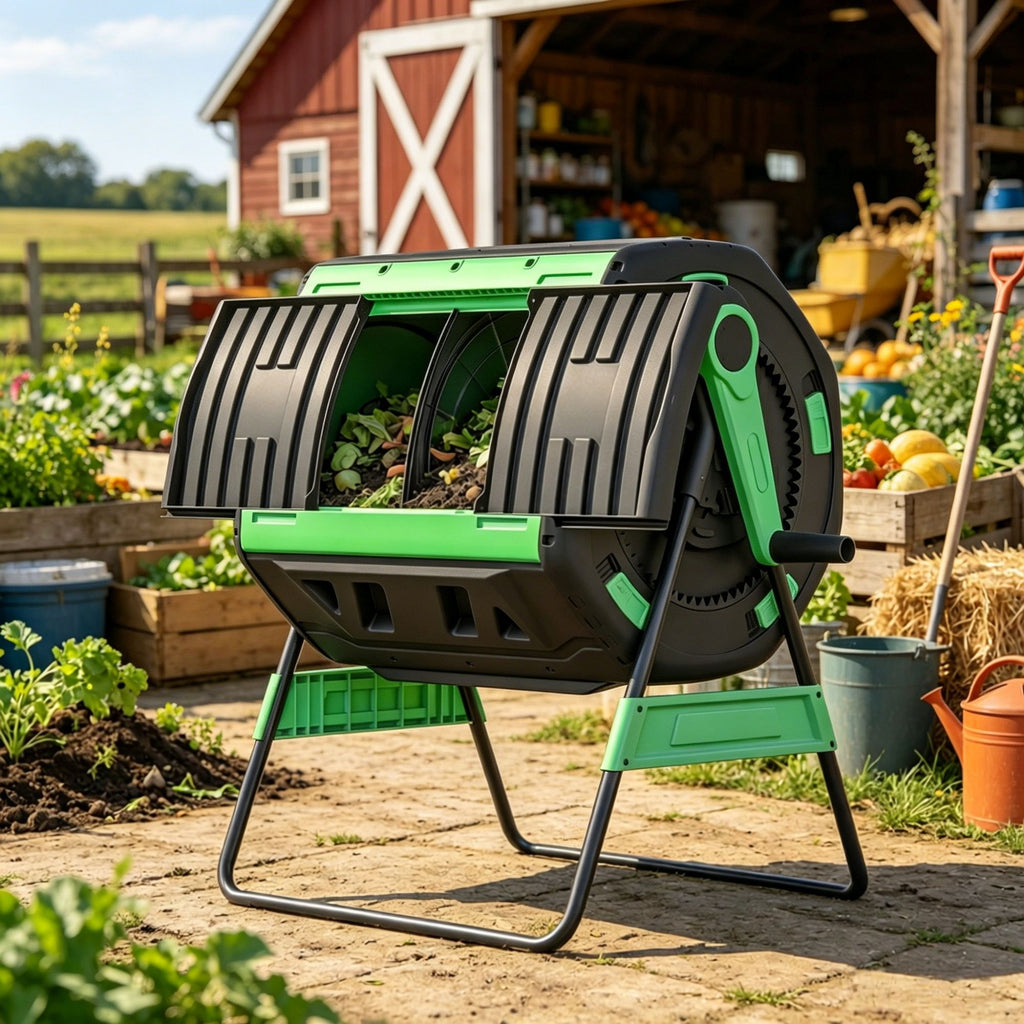 53 Gal Compost Bin Outdoor Dual Chamber Tumbling Composter with Adjustable Vents BPA Free Green