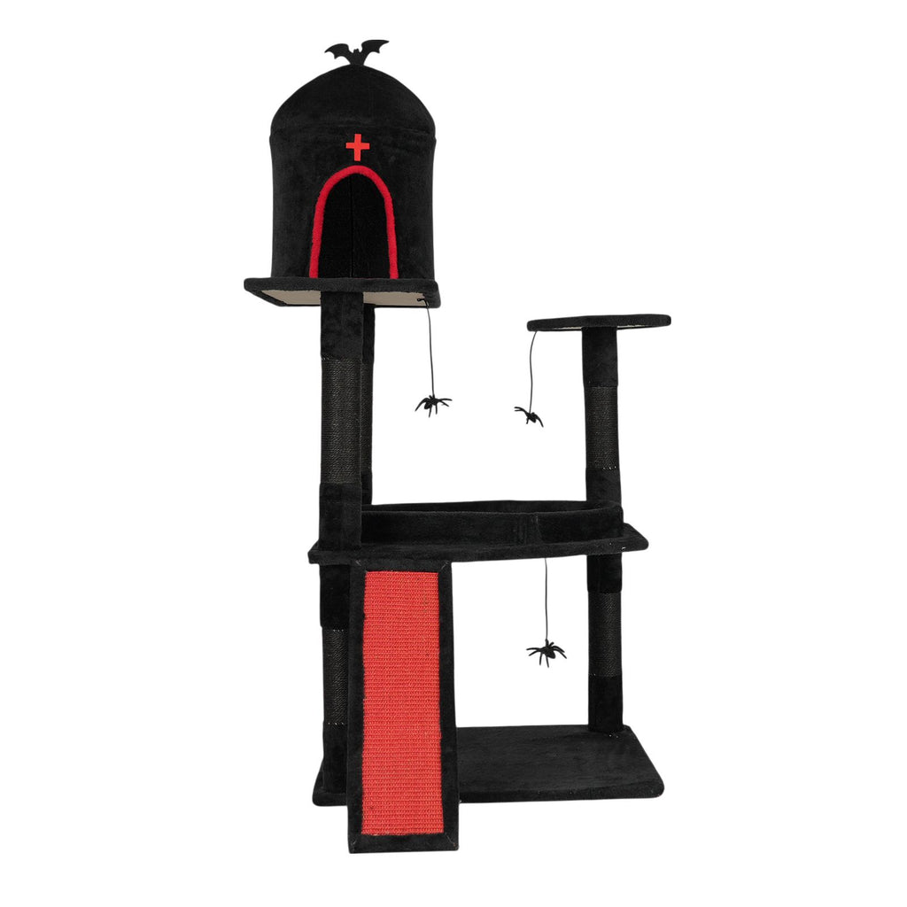 53" Gothic Cat Tree with Coffin Bed, Large Cat Tower with Spacious Cat Condo, Scratching Posts, Spider Hanging Toys, Scratching Board, Multi-Level Cat Activities Furniture for Large Cats, Red & Black