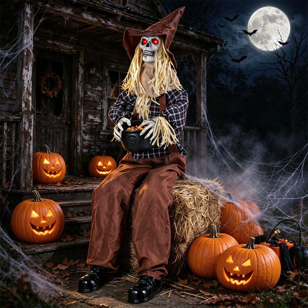 53" Halloween Sitting Scarecrow Animatronic with Jump Scare Motion, Sound Triggered Spooky Decoration with Treat Bowl for Trick-or-Treat Yard Display
