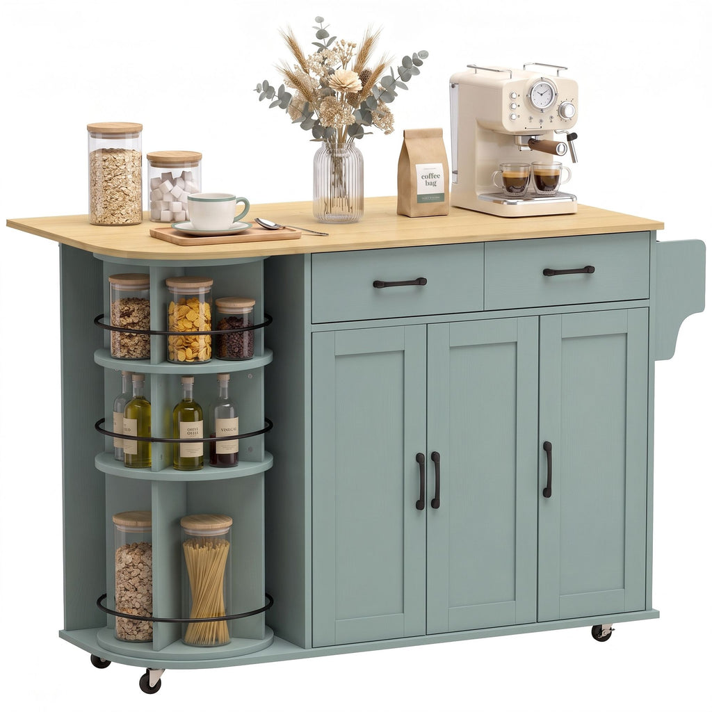 53" Kitchen Island with Power Outlet and Drop Leaf, Kitchen Cart on Wheels with 360° Rotating Rack, Sage Green