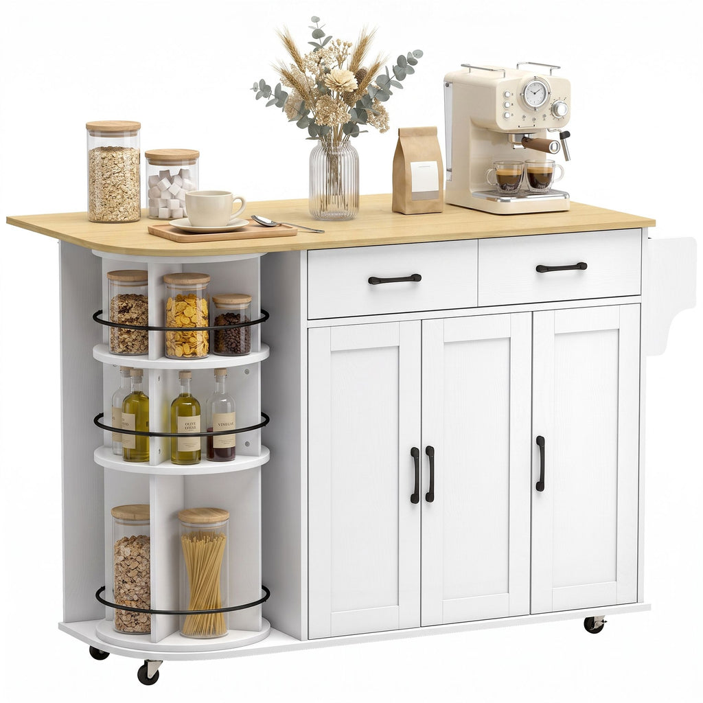 53" Kitchen Island with Power Outlet and Drop Leaf, Kitchen Cart on Wheels with 360° Rotating Rack, White
