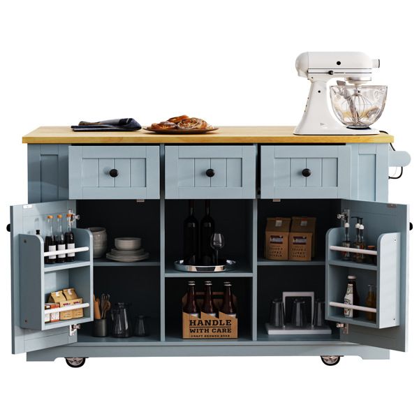 53inch Large Kitchen Island with Drop Leaf,Power Outlet,Door Internal Storage Rack,Rolling Kitchen Cart on 5 Wheels with 5 Open Side Racks for Kitchen,Dining Room,Grey Blue(Not include bar stools)