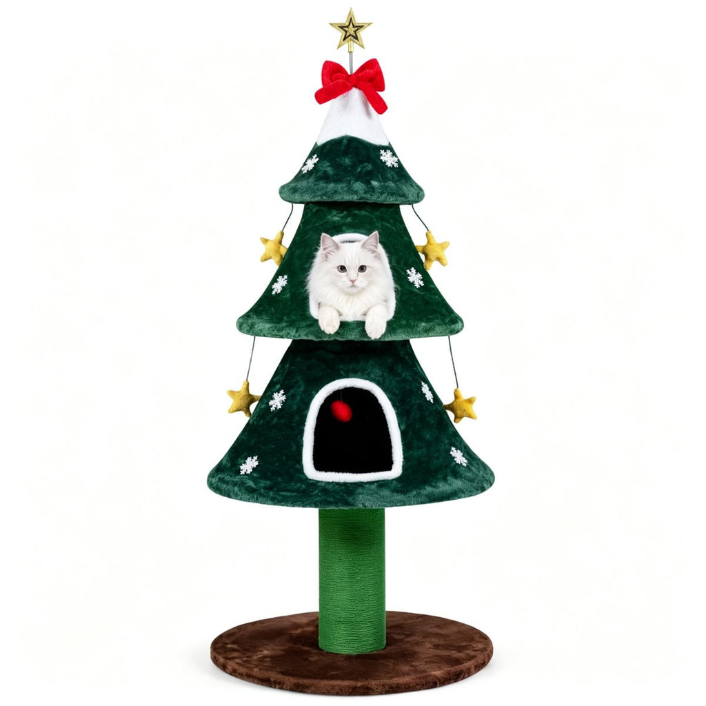 54 Christmas Cat Tree Tower, Holiday Tree Shaped Cat Furniture with 2 Washable Plush Condos, Full-Wrapped Sisal Scratching Post, Hanging Interactive Toys, Anti-Tip Stable Indoor Cat Activity Center