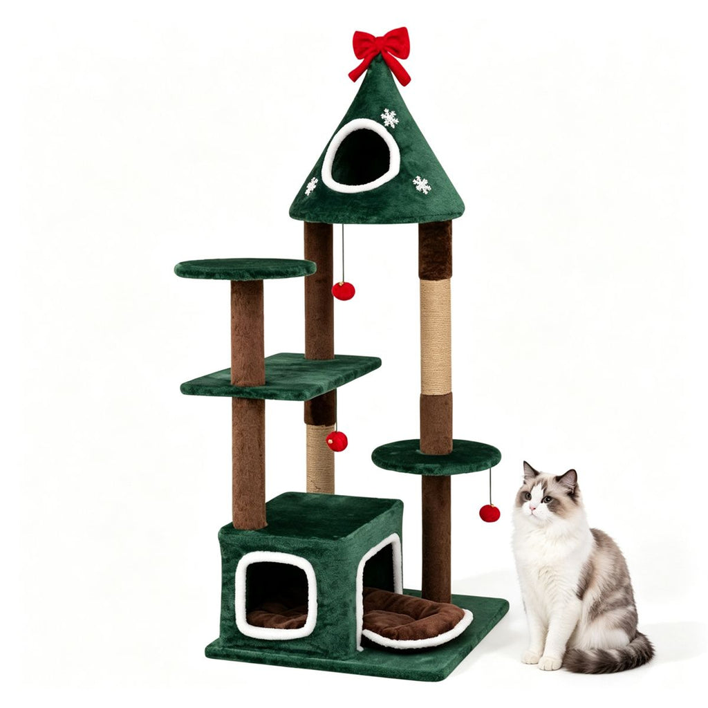 54" Green Christmas Cat Tree with Dual Condos, Jute Scratching Posts, Bell Balls & Anti-Toppling Device, Multi-Level Holiday Cat Tower