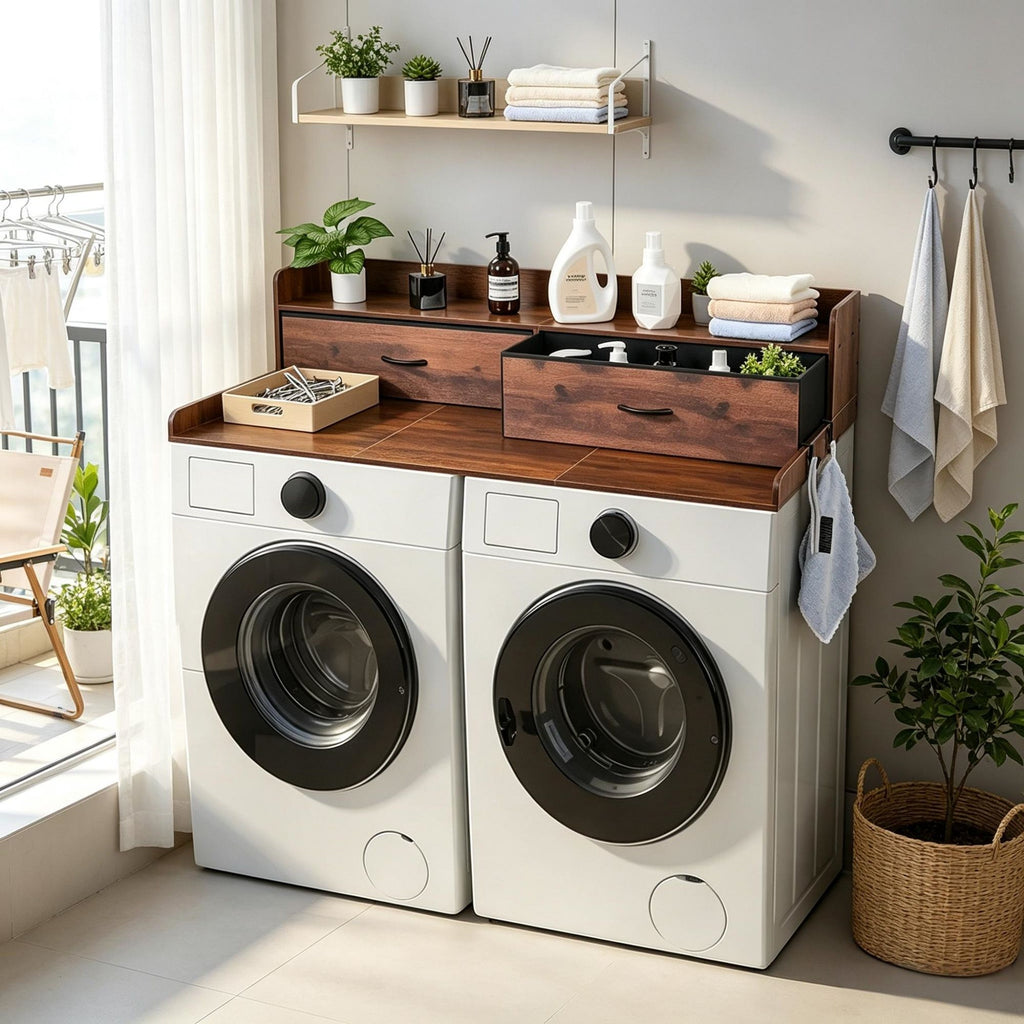 54" x 27.5" Wooden Washer Dryer Countertop with Shelf, 2 Drawers & 2 Hooks, Brown Laundry Machine Topper for Closet & Pantry Storage