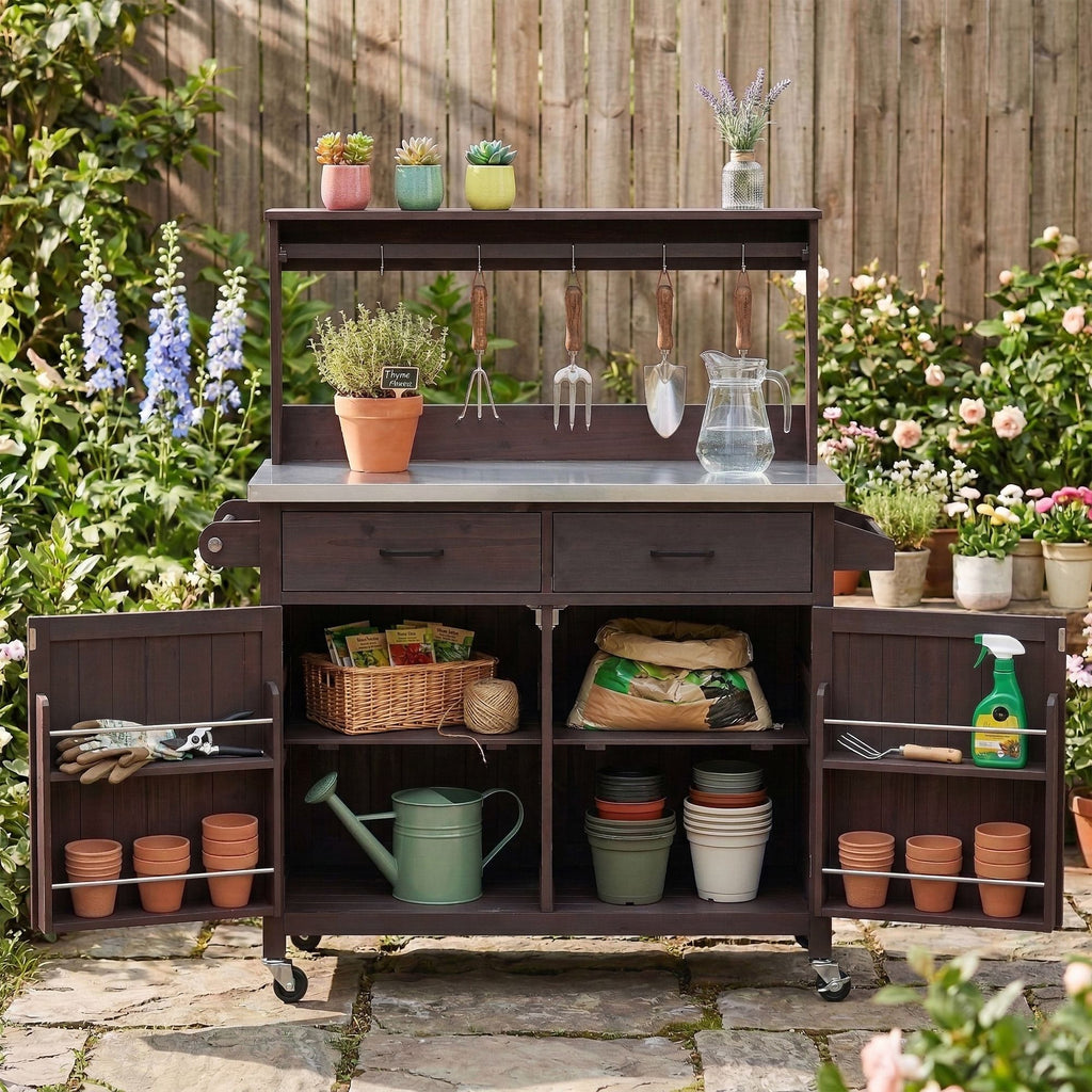 54.1" Outdoor Kitchen Island with High Shelf, Large Outdoor Potting Bench Table with Stainless Steel Top and Storage Cabinet, Solid Wood Grill Cart With Lockable Wheels for BBQ, Garden, Brown