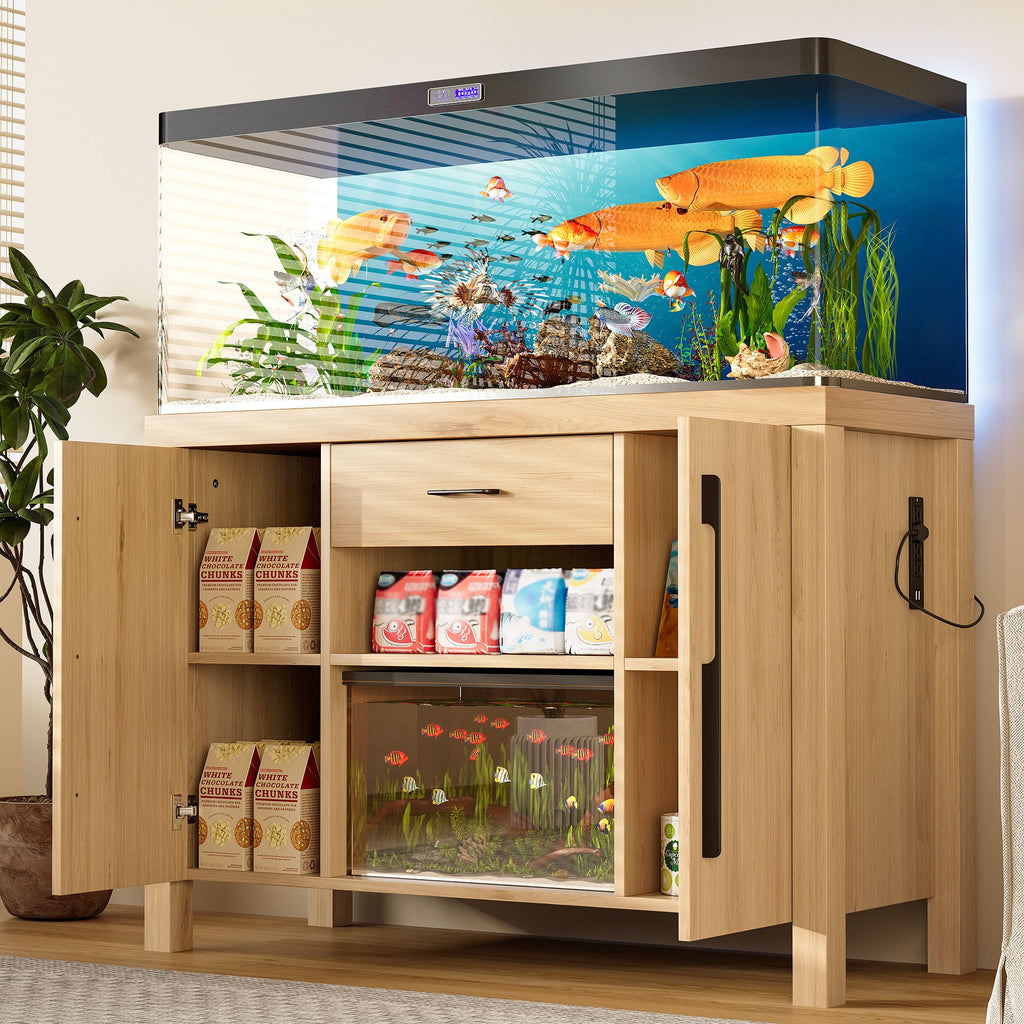 55-75 Gallon Fish Tank Stand with Power Outlets, Heavy Duty Aquarium Stand with 2 Cabinets and Storage Drawer for Fish Tank, Thickened Tabletop and Stand, Reptile Terrarium, 880LBS Capacity, Natural