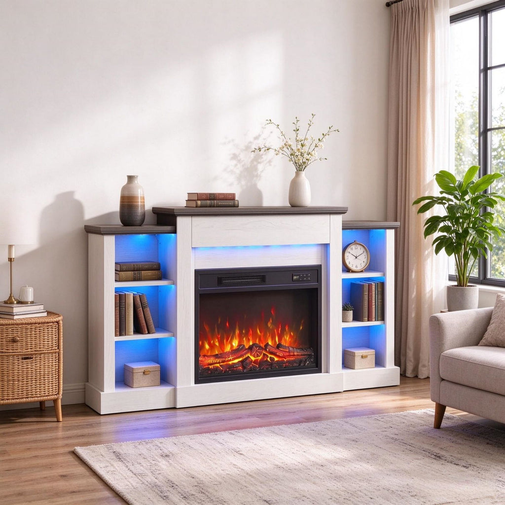 55" Fireplace TV Stand for TVs up to 65", Entertainment Center Console with RGB LED Strips, 6 Shelves, White Wood Grain Finish