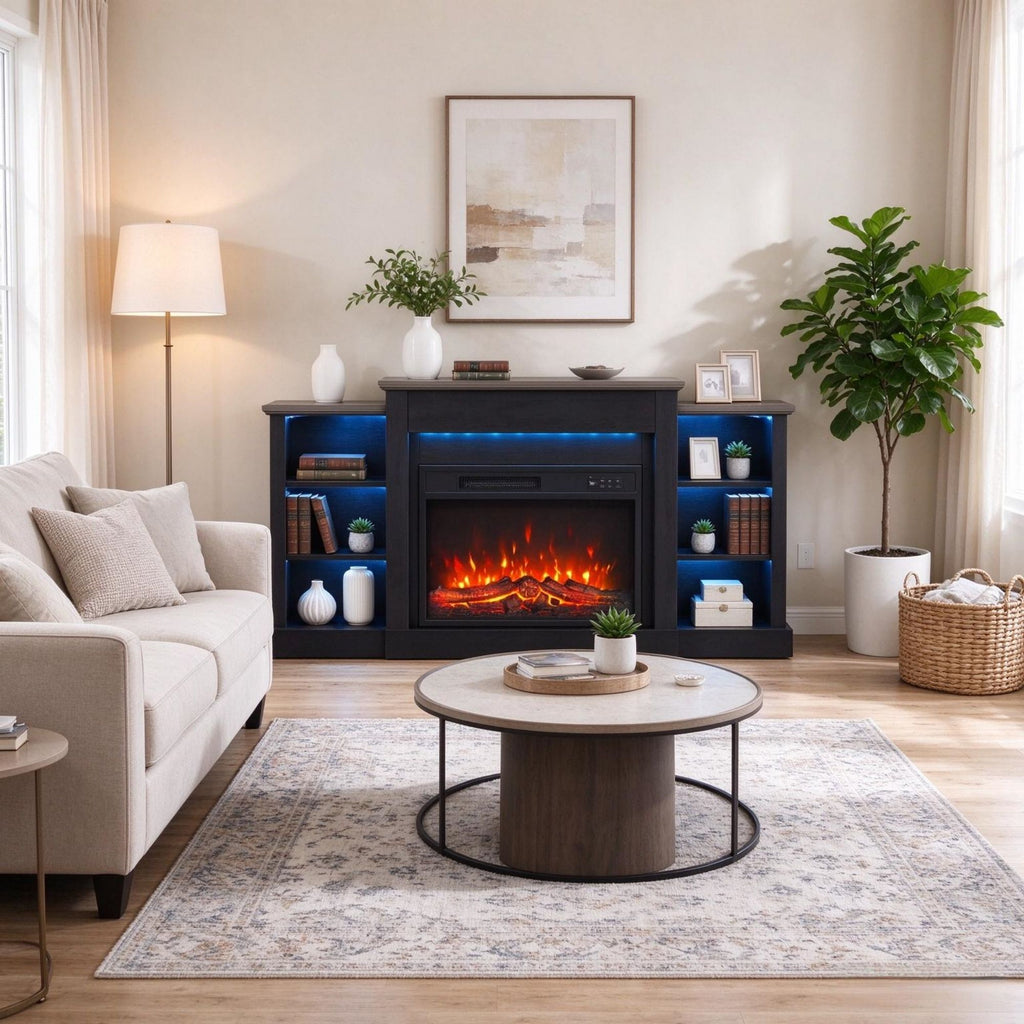 55" Fireplace TV Stand for TVs up to 65", Entertainment Center Console with RGB LED Strips, 6 Shelves