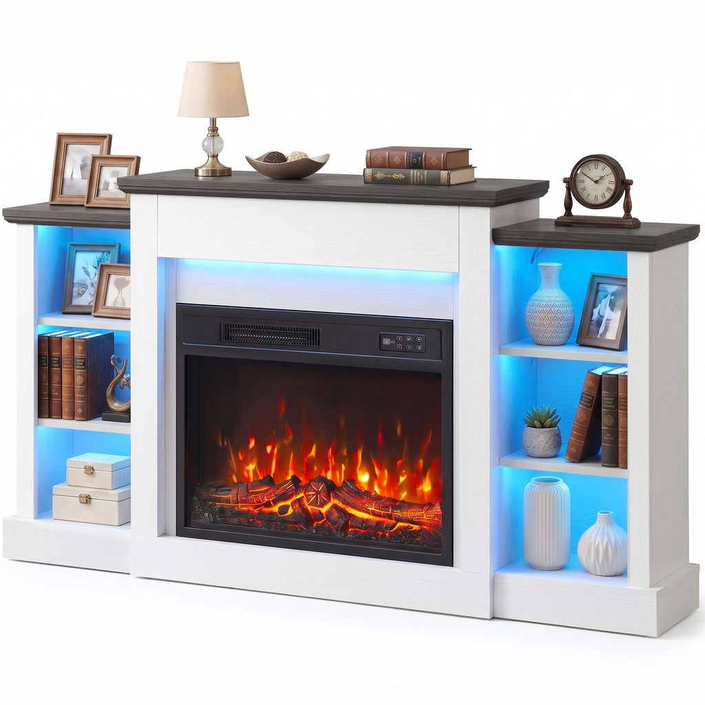 55" Fireplace TV Stand for TVs up to 65", Entertainment Center TV Console, RGB LED Strips, 6 Shelves, White Wood Grain