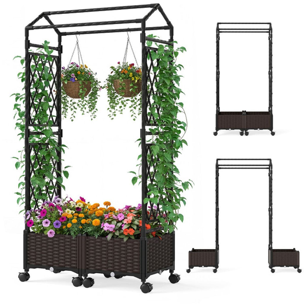 5.5 FT Raised Garden Bed with Trellis Self-Watering Planter Boxes with Lockable Wheels, 2 Configurations Vertical Garden Planter for Patio Balcony