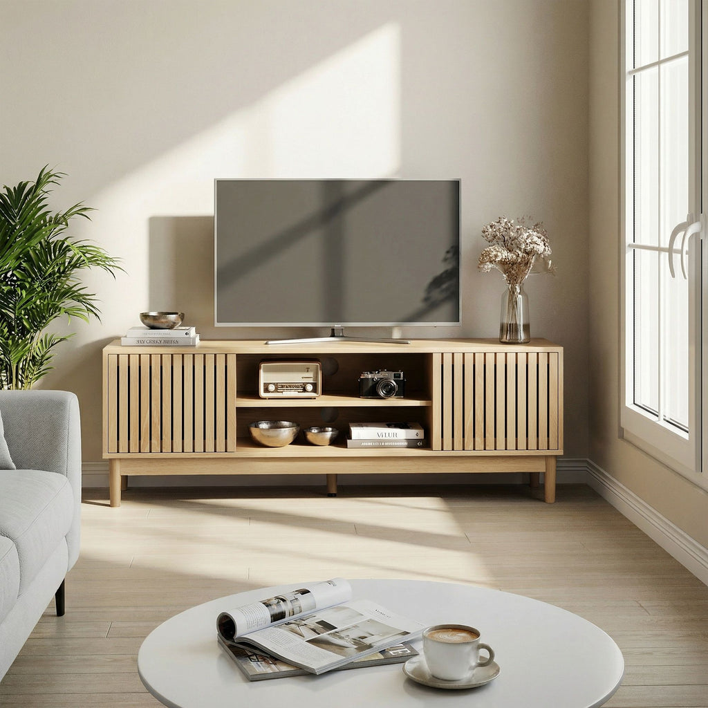 55-inch TV stand, mid-century modern style TV stand (suitable for 55/65-inch TVs), entertainment center with storage, media console for living room and bedroom, oak color