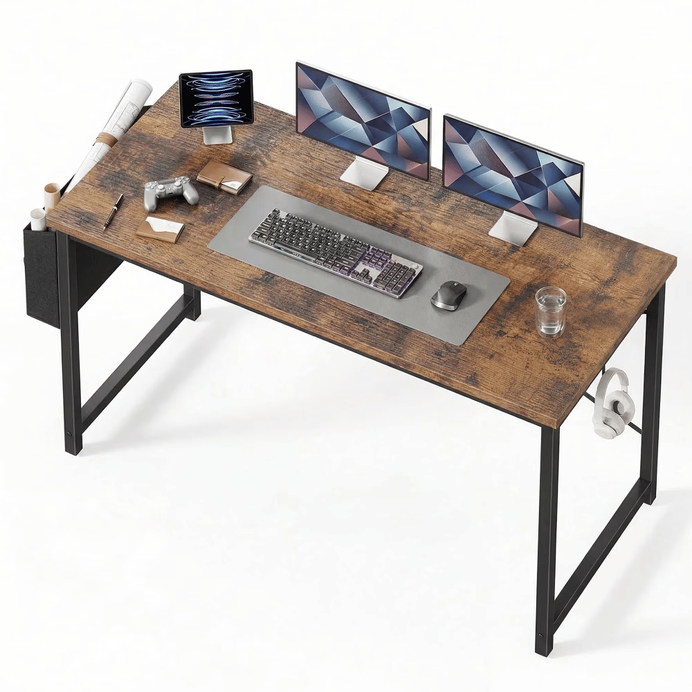 55" LargeHomeOffice Desk, Computer Desk withStorageBag & Hook, Metal Frame, Modern Simple Study WritingTableforBedroom, Rustic Brown
