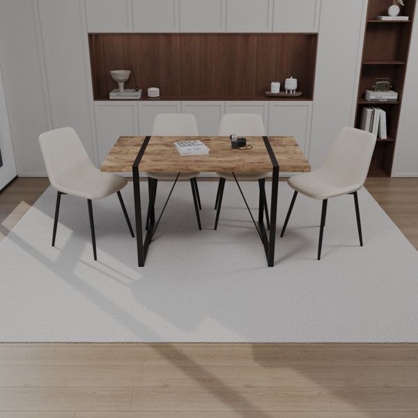 55" MDF dark wood dining table and modern dining chair 4-piece set, medieval wooden kitchen dining table set, rectangular metal base, dining table and suede chair