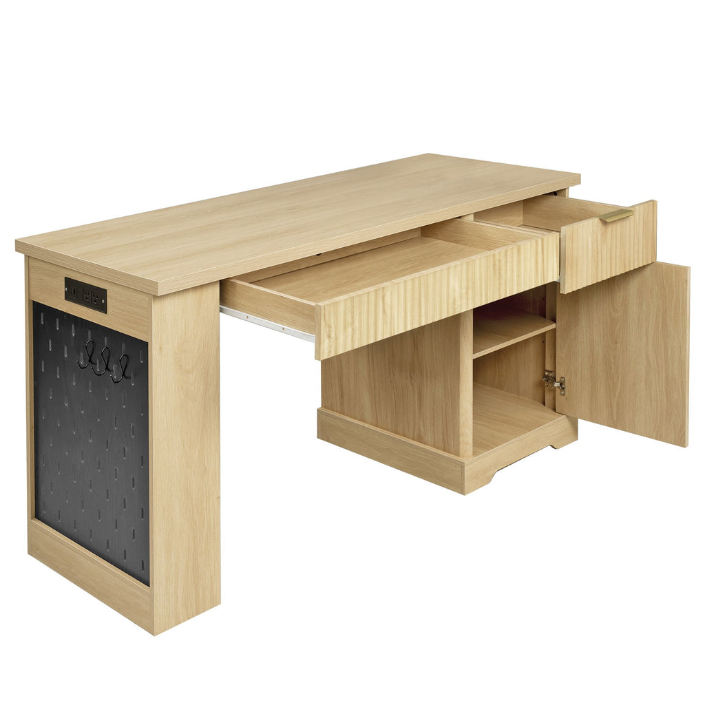 55" Modern Fluted Office Desk with Storage Cabinet & Drawers, Computer Writing Desk with Power Outlet, Pegboard, Built-in Shelves and Keyboard Tray for Study, Living Room, Home Office, Light Oak