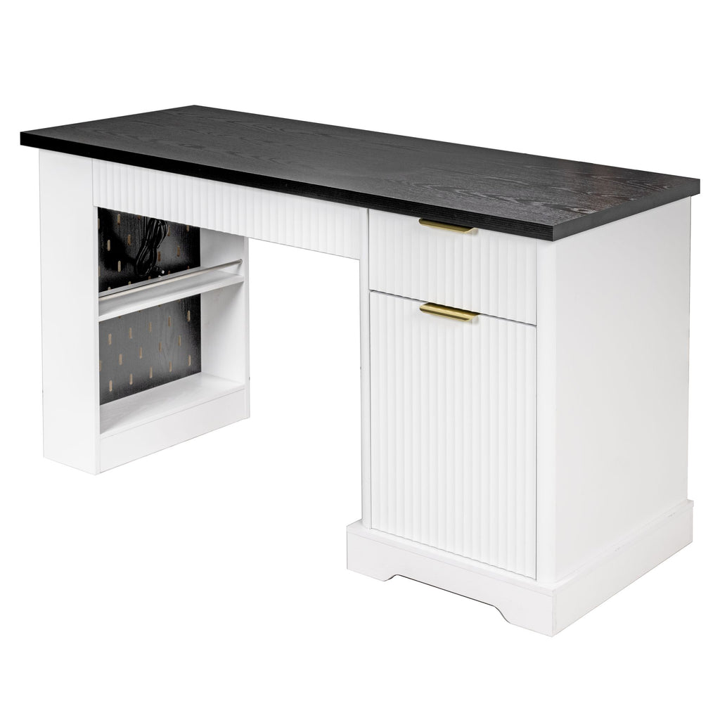 55" Modern Fluted Office Desk with Storage Cabinet & Drawers, Computer Writing Desk with Power Outlet, Pegboard, Built-in Shelves and Keyboard Tray for Study, Living Room, Home Office, White