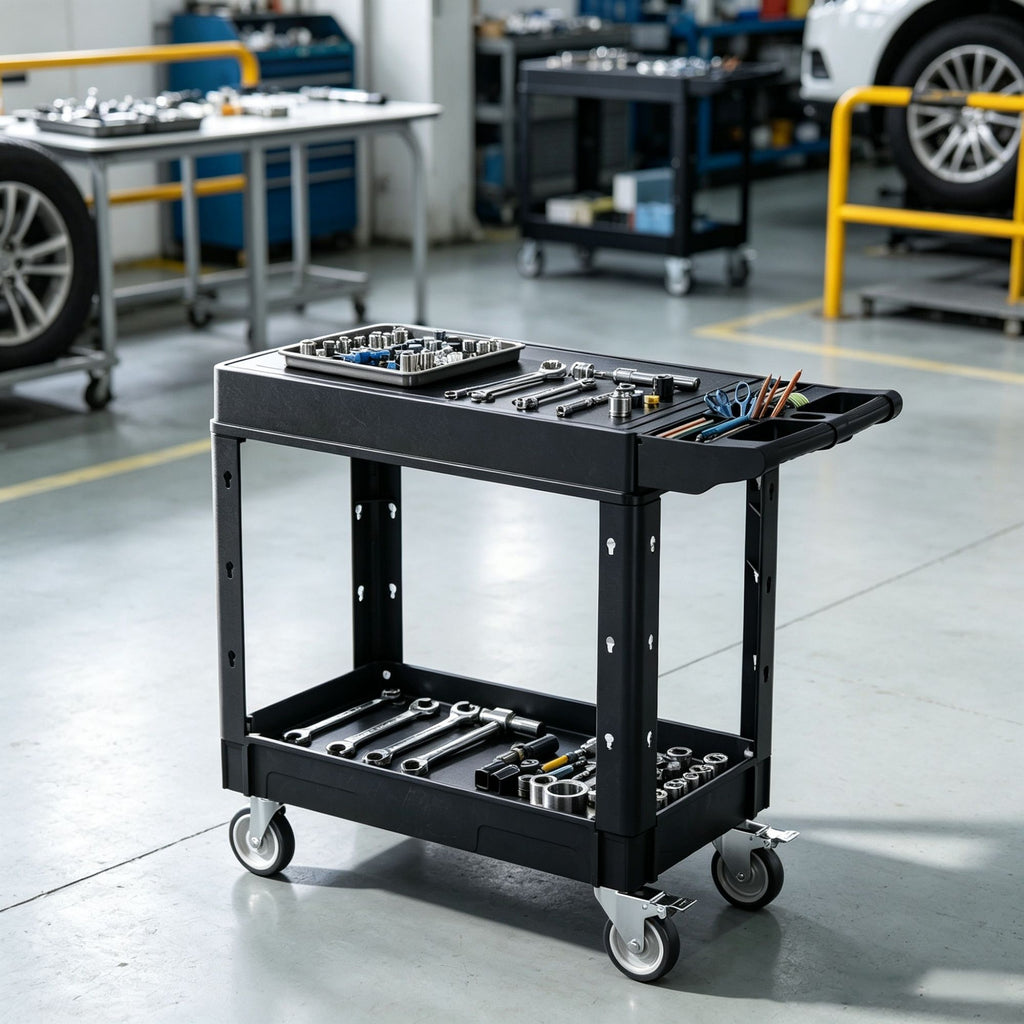 550 lbs Utility Cart, 31.3 x 17.7 Inch 2-Shelf Heavy Duty Plastic Service Cart with 360 Swivel Wheels (2 with Brakes), Suitable for Warehouse, Garage & Cleaning