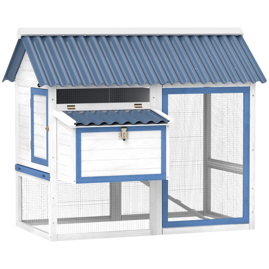55.5" Wooden Chicken Coop with Run Box, Nesting Box, Removable Tray, Ramp, Outdoor Backyard for 2-3 Chickens, White
