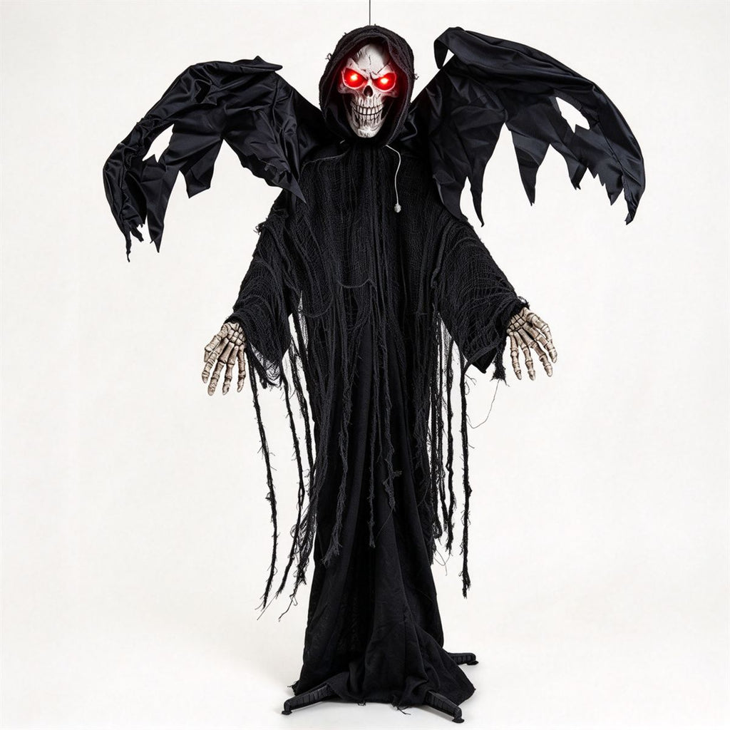 5.5FT Halloween Animatronic Winged Grim Reaper, Sound & Button Activated, Shaking Reaper with Glowing Red Eyes for Haunted House Yard Decor
