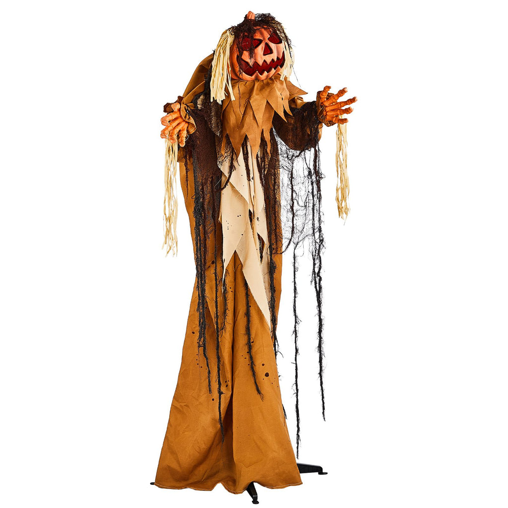 5.5ft Halloween Pumpkin Man Decoration with Red Glowing Head, Sound-Activated Head-Turning Motion & Male Voice, Battery Operated (Batteries Not Included), Standing Animatronic