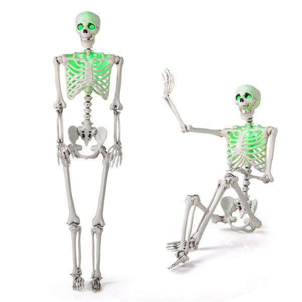 5.5ft Life-Size Pre-Lit Halloween Skeleton - Built-In Green LED Lights (Eyes/Chest), Fully Poseable Joints, PP+PE Material