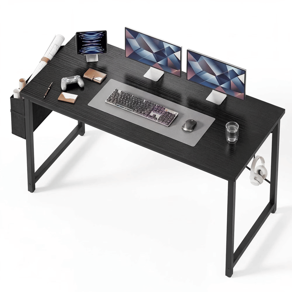 55"HomeOffice Desk, Computer Desk withStorageBag & Hook, Waterproof Top & Metal Frame, Modern Simple Study WritingTableforBedroom, Black