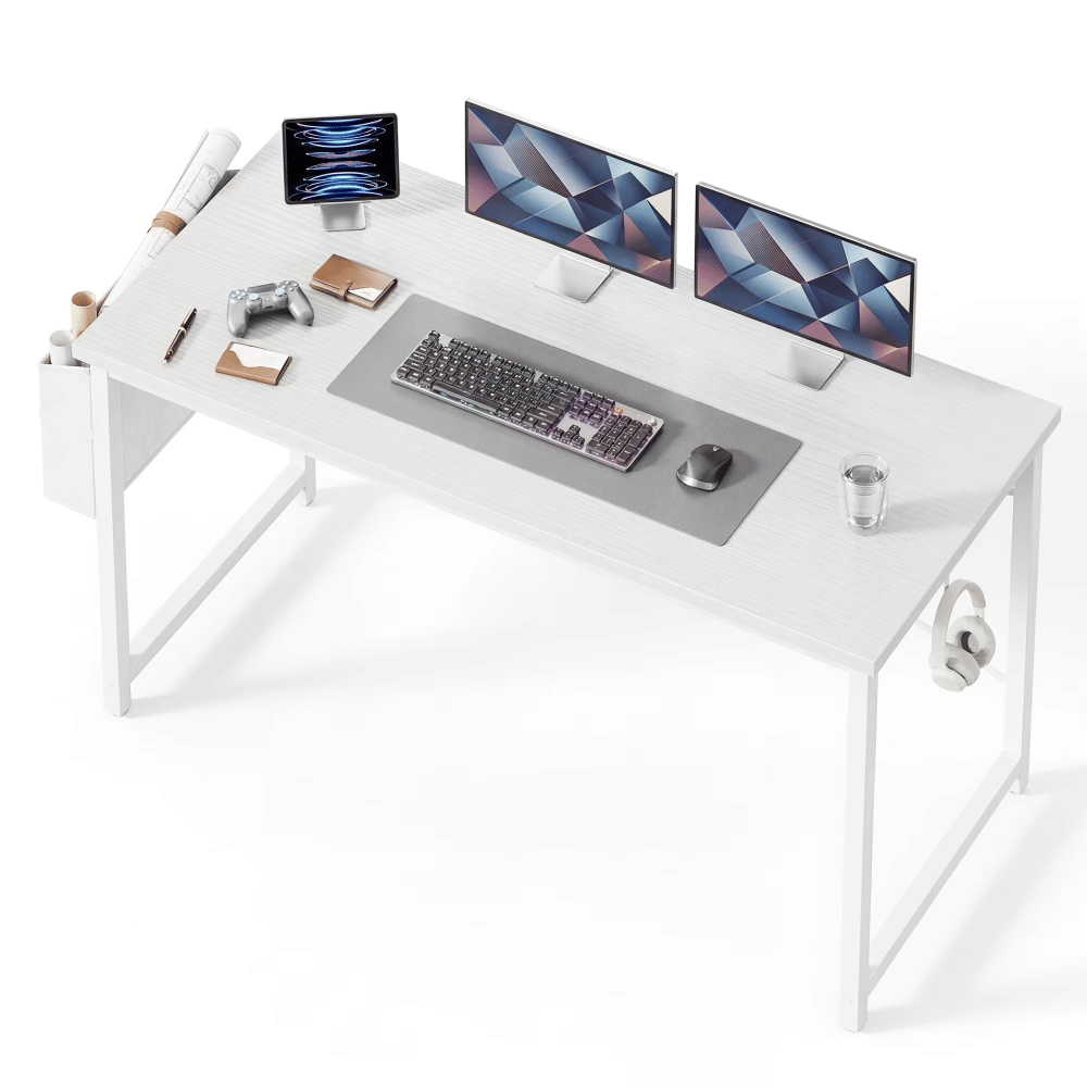 55"HomeOffice Desk, Computer Desk withStorageBag & Hook, Waterproof Top & Metal Frame, Modern Simple Study WritingTableforBedroom, White