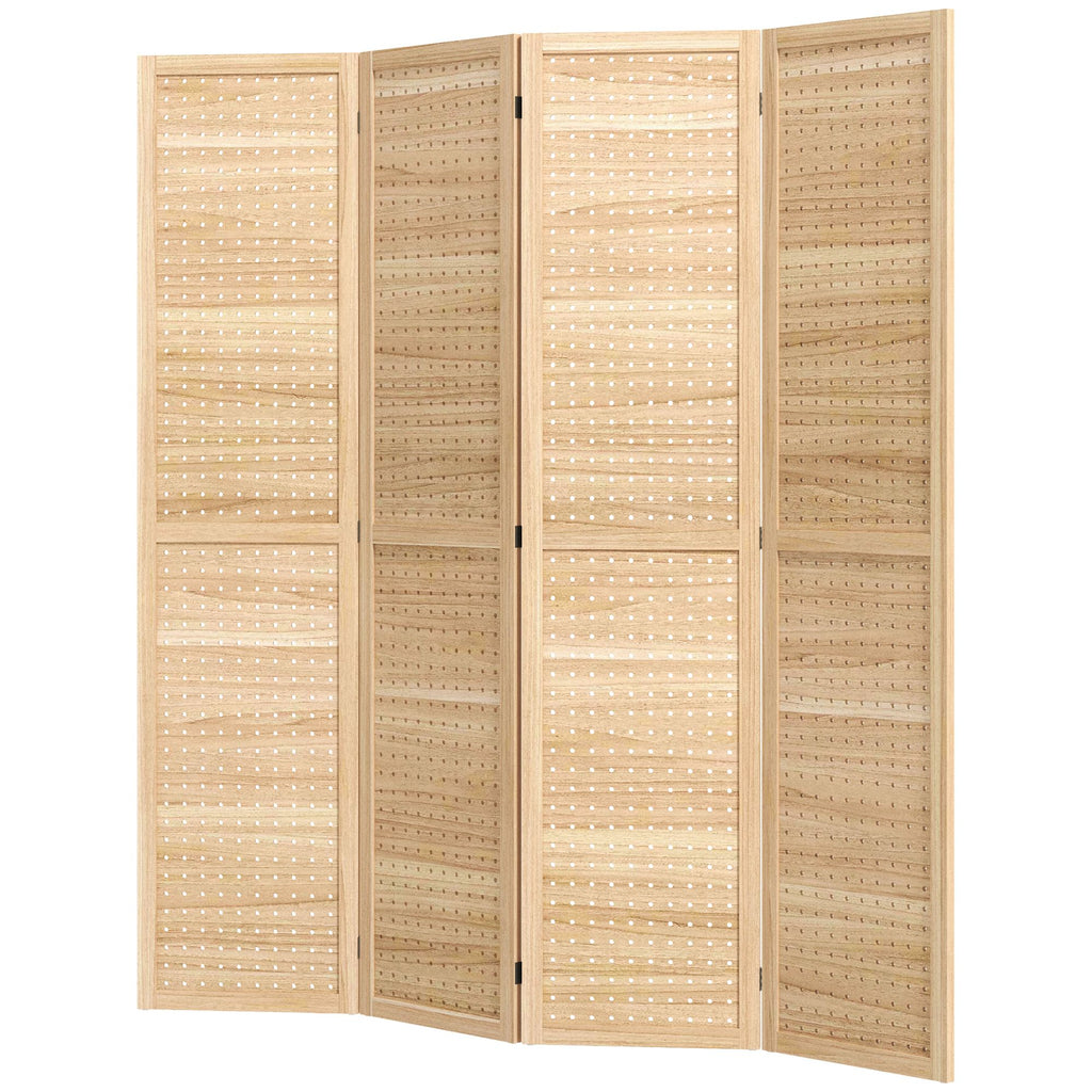 5.6' Tall 4-Panel Wooden Room Divider, Folding Privacy Screen with Hook Holes, Natural