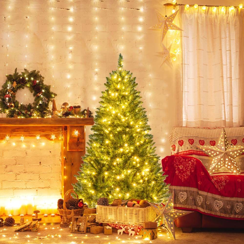 5/6/7 Feet Artificial Christmas Tree Hinged Xmas Tree with 7 Lighting Modes