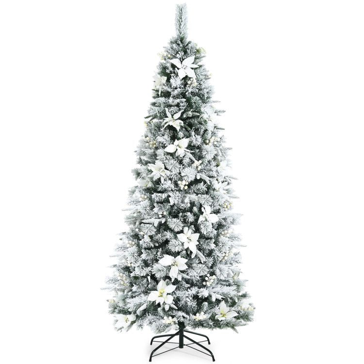 5/6/7/8 Feet Snow Flocked Christmas Tree with Berries and Poinsettia Flowers