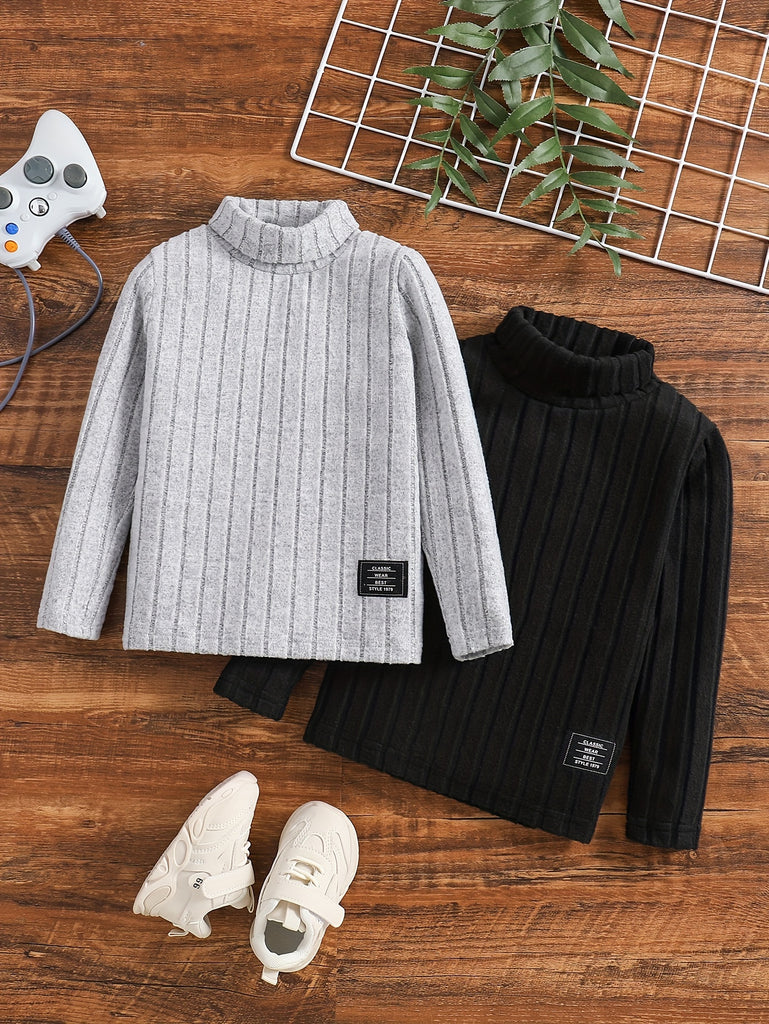 Boys 2PCS Clothes Set, Kids Striped Solid Color Long-sleeved Turtleneck Knitwear Pullover Sweater For Spring Autumn