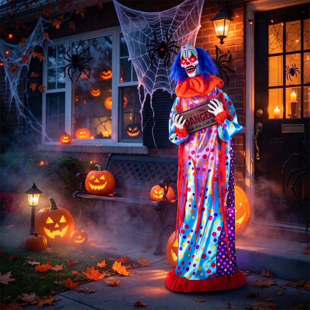 5.6FT Halloween Animatronic Clown, Sound & Button Activated, Animated Moving Clown with Flashing Red Eyes for Haunted House Porch Decor