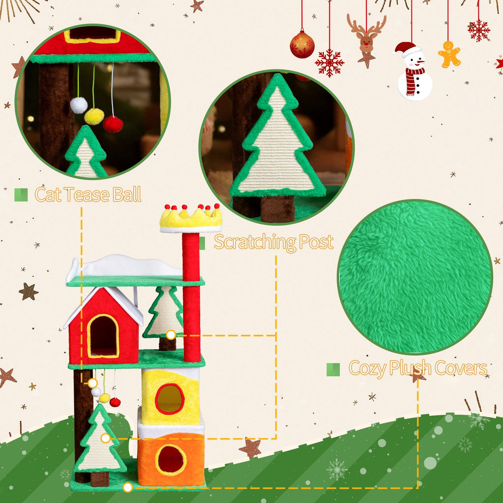 56in Christmas Themed Plush Cat Tree, Multi-level Cat Tower with Cat Condos, Top Crown Perch, Sisal Ramp Scratching Posts, Large Cat Pet Activity Center for Indoor Cats