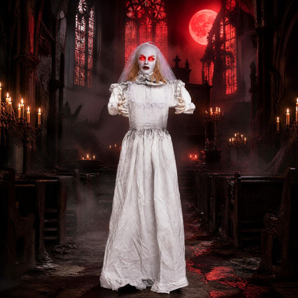 5.7 ft Animated Halloween Ghost Bride Decoration with Turning Head