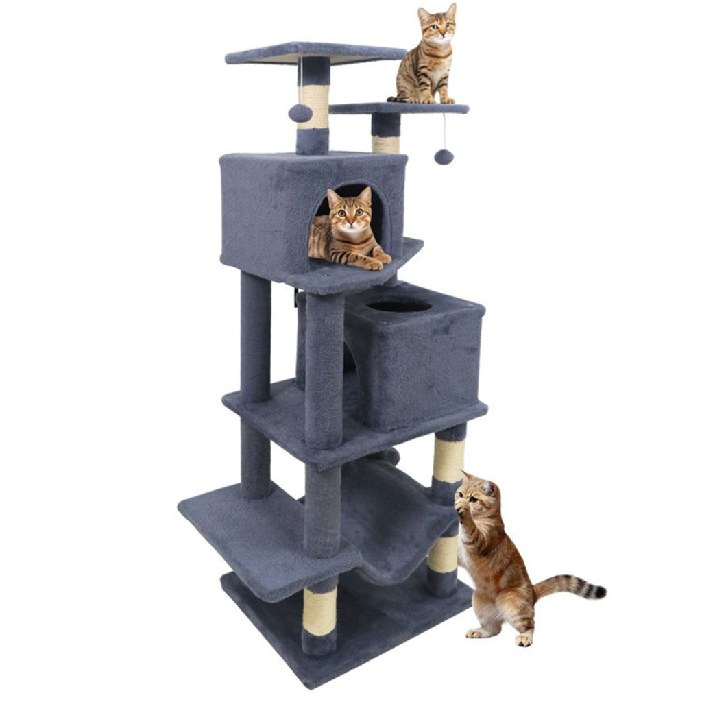 57" Multi-Level Cat Tree for Multi-Cat Households, 2 Condos & Hammock with Sisal Scratching Posts-Gray
