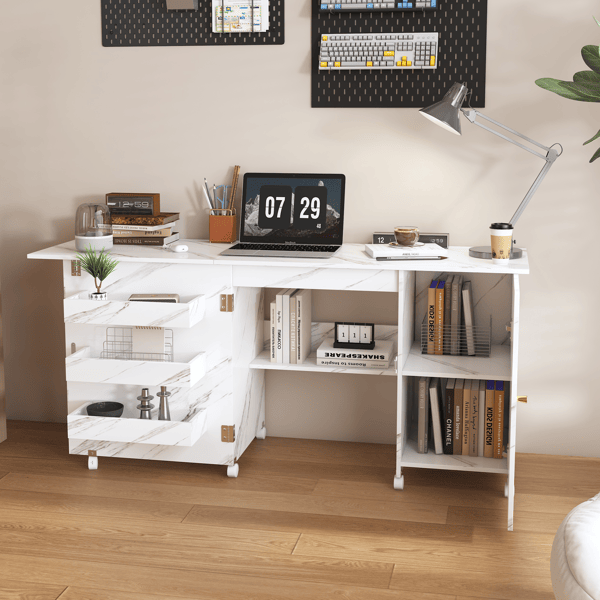 57.5" Foldable Sewing Machine Table with Locking Casters, Multi-Storage Craft Station with Shelves, Bins & Cabinet, Adjustable Sewing Cabinet for Home, Bedroom, and Craft Room(White)