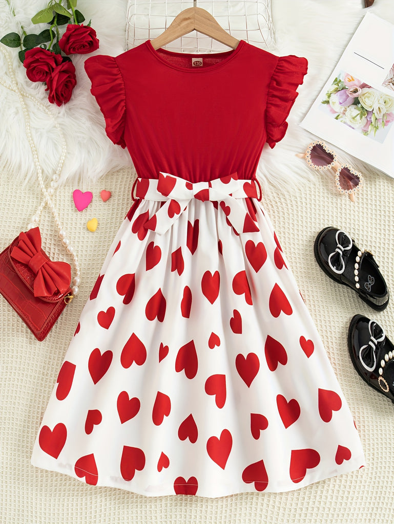 Girls' Sleeveless Ruffle Shoulder Love Heart Print Dress with Belt, Casual Round Neck Summer Fashion for Youth, Ladylike Regular Fit - Red